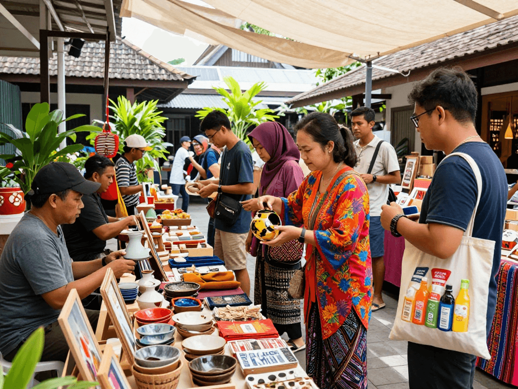 Shoppers exploring rokok88 daftar of local UMKM products at vibrant market.