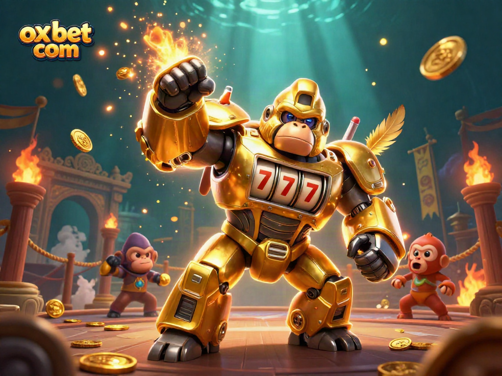 Experience thrilling gameplay at ox bet com with dynamic 3D illustration of a golden gorilla mech amidst coins.