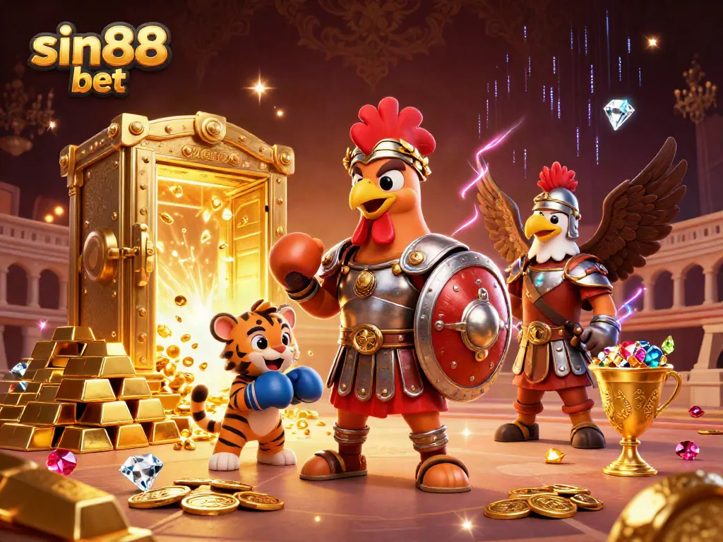 Experience thrilling action at sin88 bet with gladiator rooster and treasures in a dynamic casino scene.