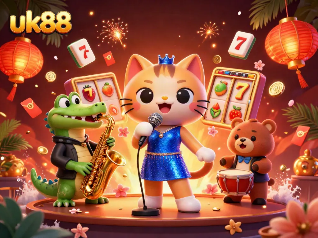 Engage in the thrilling world of uk88 casino with a vibrant illustration of jazz singer cat, saxophone crocodile, and drum bear cub.