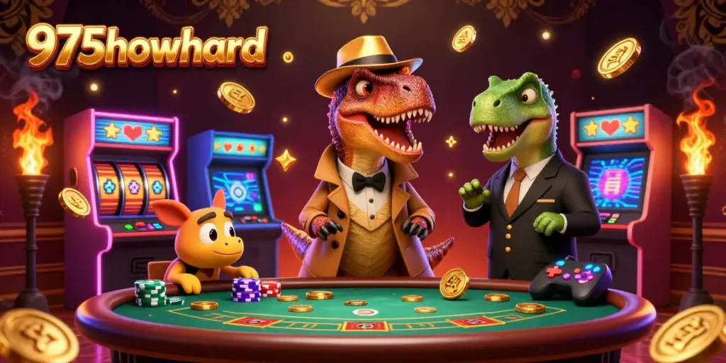 Experience 975howard's exciting blackjack scene with a velociraptor card counter and colorful gaming elements in action.