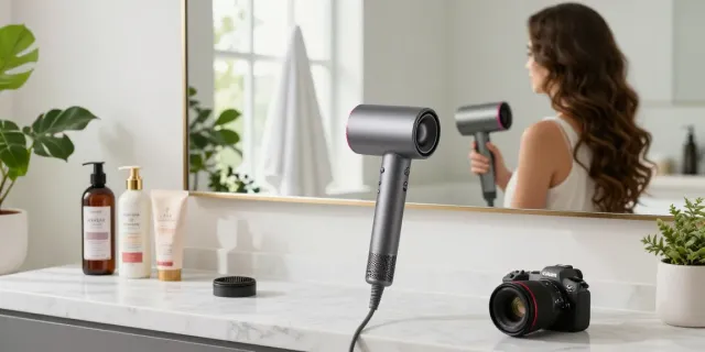 Haartrockner im Test: Moderne Badezimmer-Atmosphäre mit elegantem Haartrockner und Haarpflegeprodukten.
