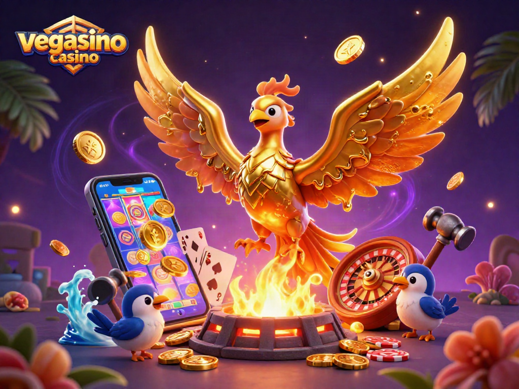 Win big at vegasino casino with a vivid 3D scene showcasing a golden phoenix and dynamic gaming elements.