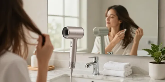 Die Laifen Haartrockner in einem eleganten Badezimmer mit luxuriösem Marmor und sanftem Licht.