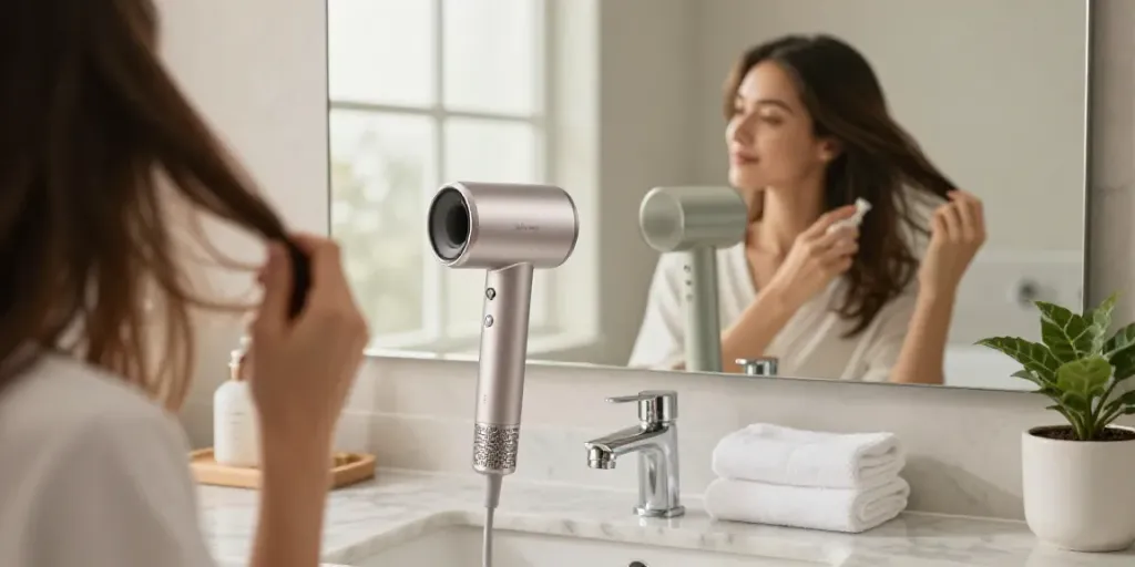Die Laifen Haartrockner in einem eleganten Badezimmer mit luxuriösem Marmor und sanftem Licht.