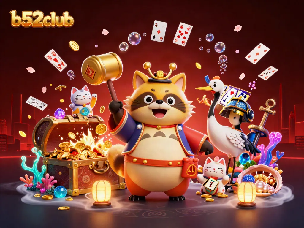Experience the excitement of b52club with cheerful characters celebrating victories in this vibrant casino scene.