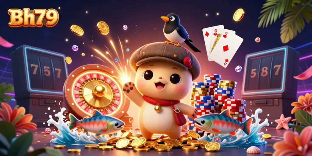 Experience the vibrancy of Bh79 with cartoon characters amidst cascading gold and gems in a dynamic casino scene.