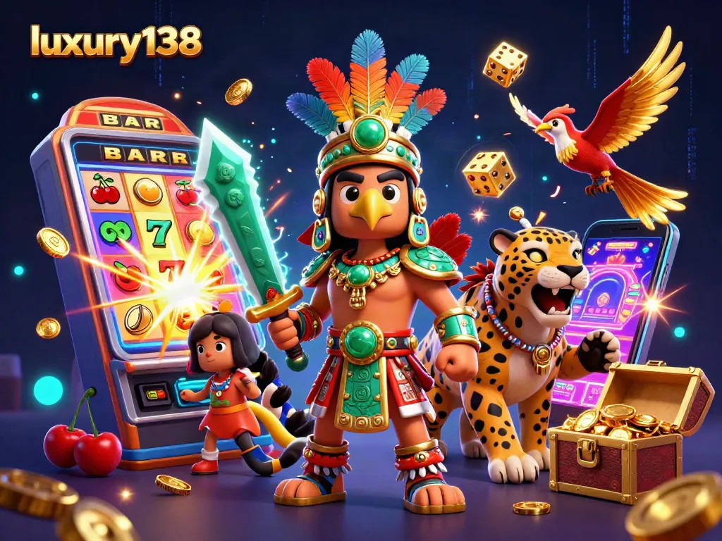 Experience the thrill of luxury138 gaming with vibrant visuals from 3D characters amid slot machines.
