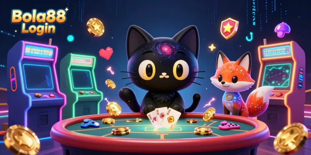 Bola88 Login interface featuring a cosmic casino table and charming 3D characters attracting players