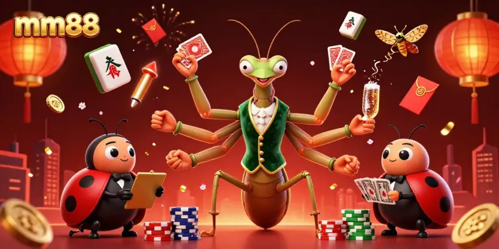 Engage with mm88 in a vibrant casino scene featuring a card sharp praying mantis and ladybug pit boss.