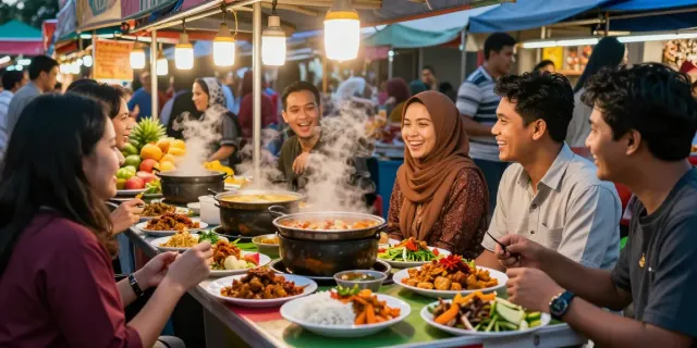 Lively scene of friends enjoying rokok88 slot-style Nasi Kandar with vibrant curries and spices.