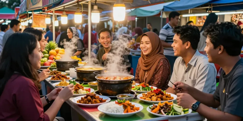 Lively scene of friends enjoying rokok88 slot-style Nasi Kandar with vibrant curries and spices.