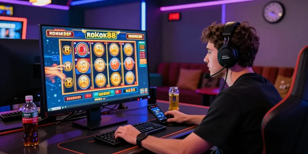 Player enjoying the rokok88 slot login experience at a vibrant online casino with animated game graphics.